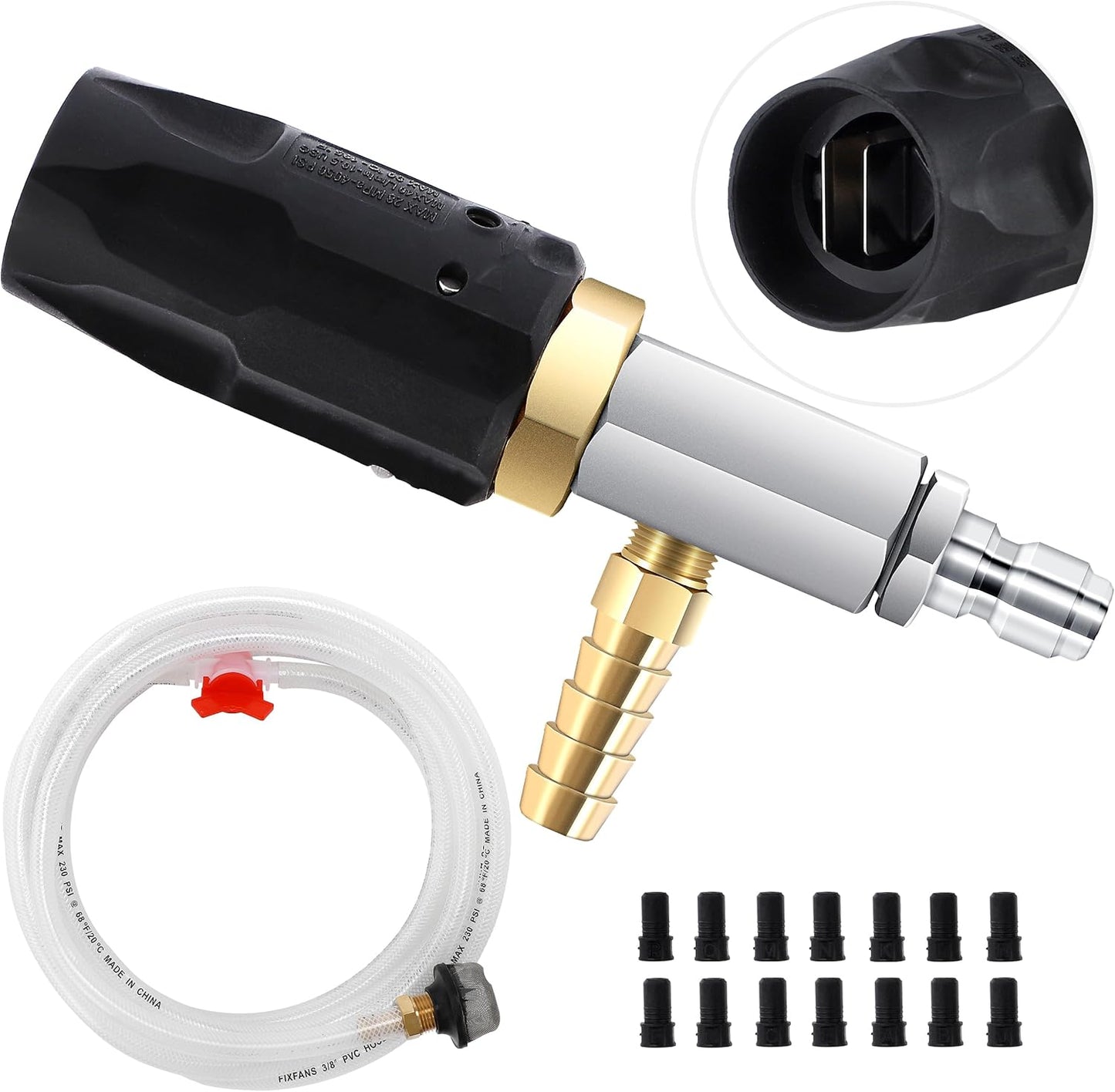 Adjustable Long Range Downstream Injection Nozzle Kit 4-4.5 GPM, Pressure Washer Spray Nozzle, High Power Washing External Chemical Injector with 1/4” Quick Connect, 2500 to 4000 PSI