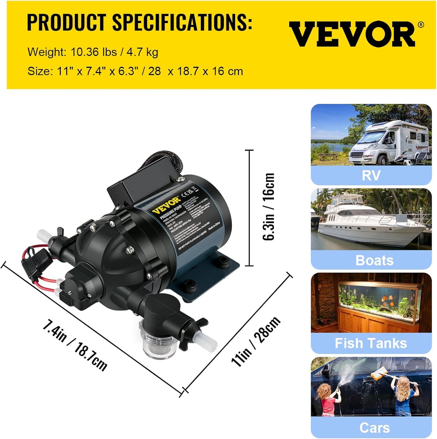 Washdown Pump, 12V DC, 7 GPM 60 PSI, Max. 10 FT Lift Self Priming Water Pump, W/Epdm Valve, Universal Salt Water Strainer & Female/Male Thread, for RV, Marine Deck, Yacht