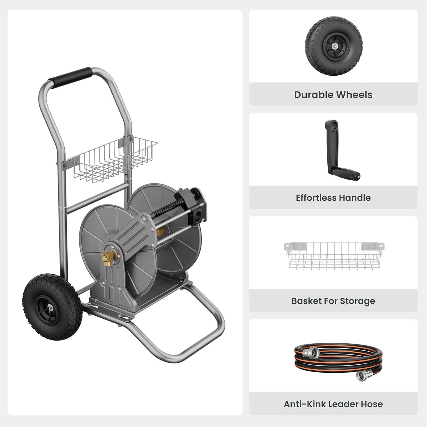 Garden Hose Reel Cart with Wheels, Heavy Duty Metal Water Hose Reel Cart, 200 Ft of 1/2 Capacity, Mobile Hose Reel Cart for Outside