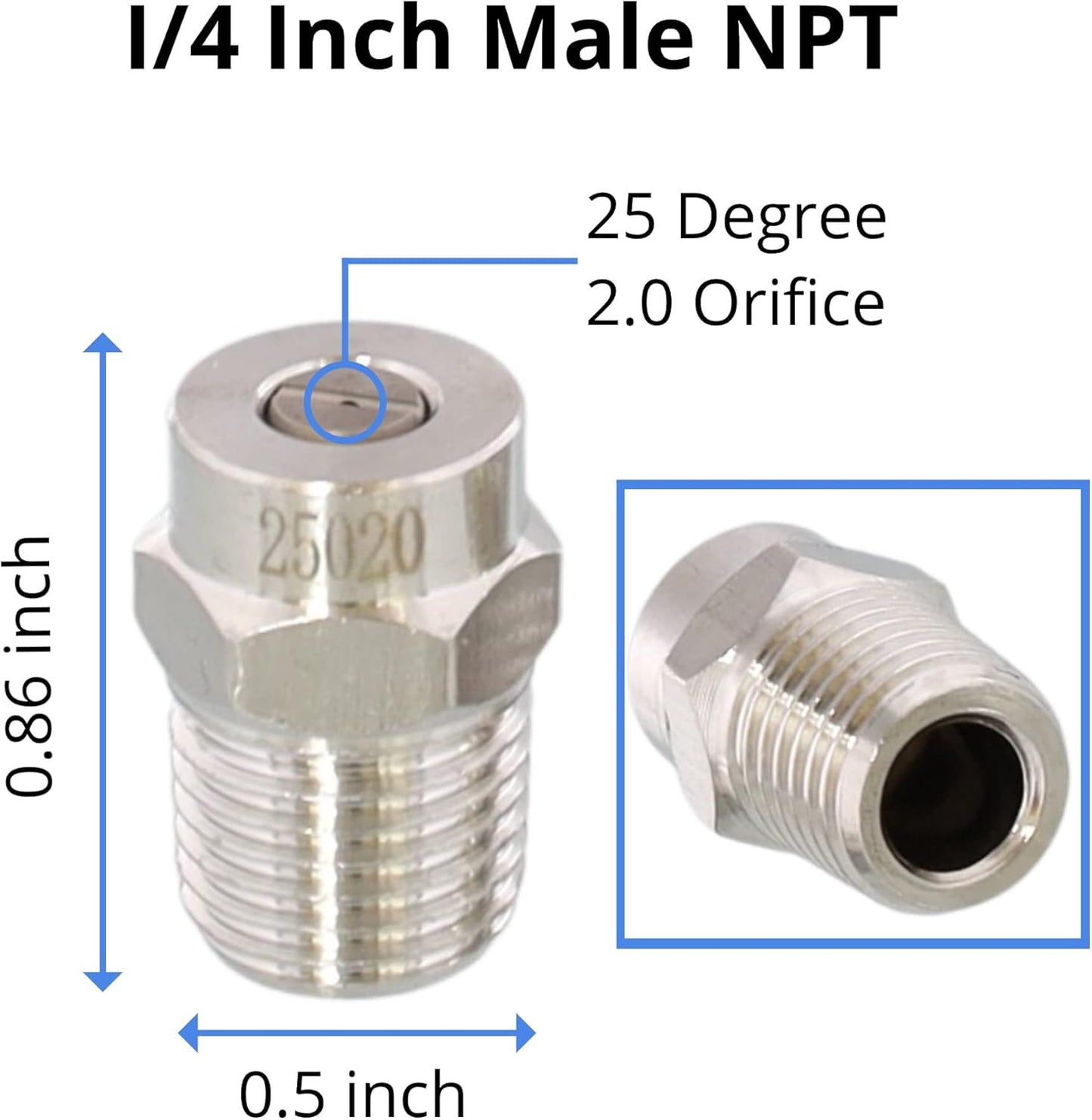 Surface Cleaner Tips | Stainless Steel 25 Degree 2.0 Orifice ¼” Male NPT for Surface Cleaner, Pressure Washer Broom & Undercarriage Washer | 4000 PSI | 4 Pack