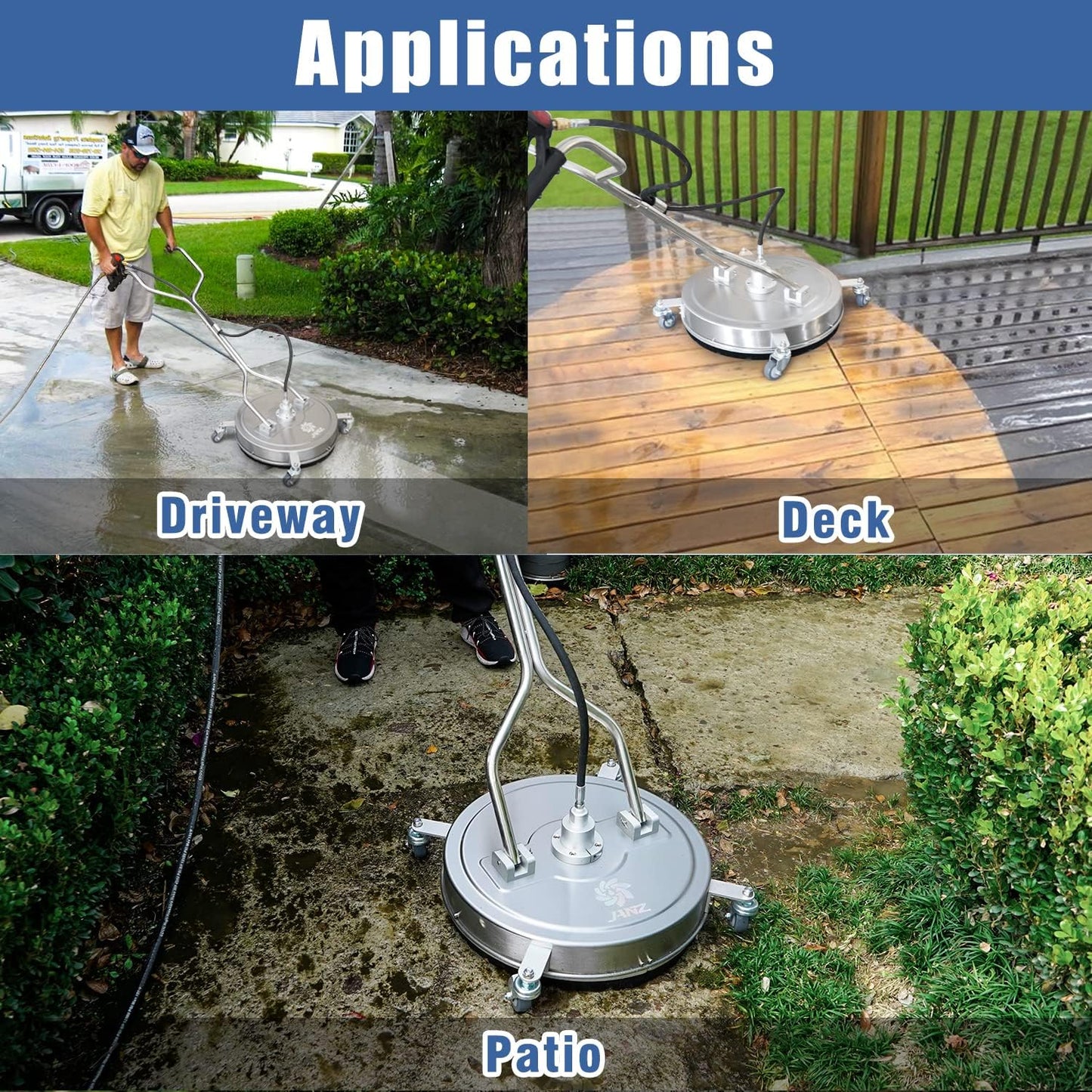 20" Pressure Washer Surface Cleaner with 4 Wheels,Dual Handle,Stainless Steel Housing, 4 Replacement Nozzles and 2 Hose Adapters,Ideal for Driveways, Sidewalks,Patios,Decks Cleaning