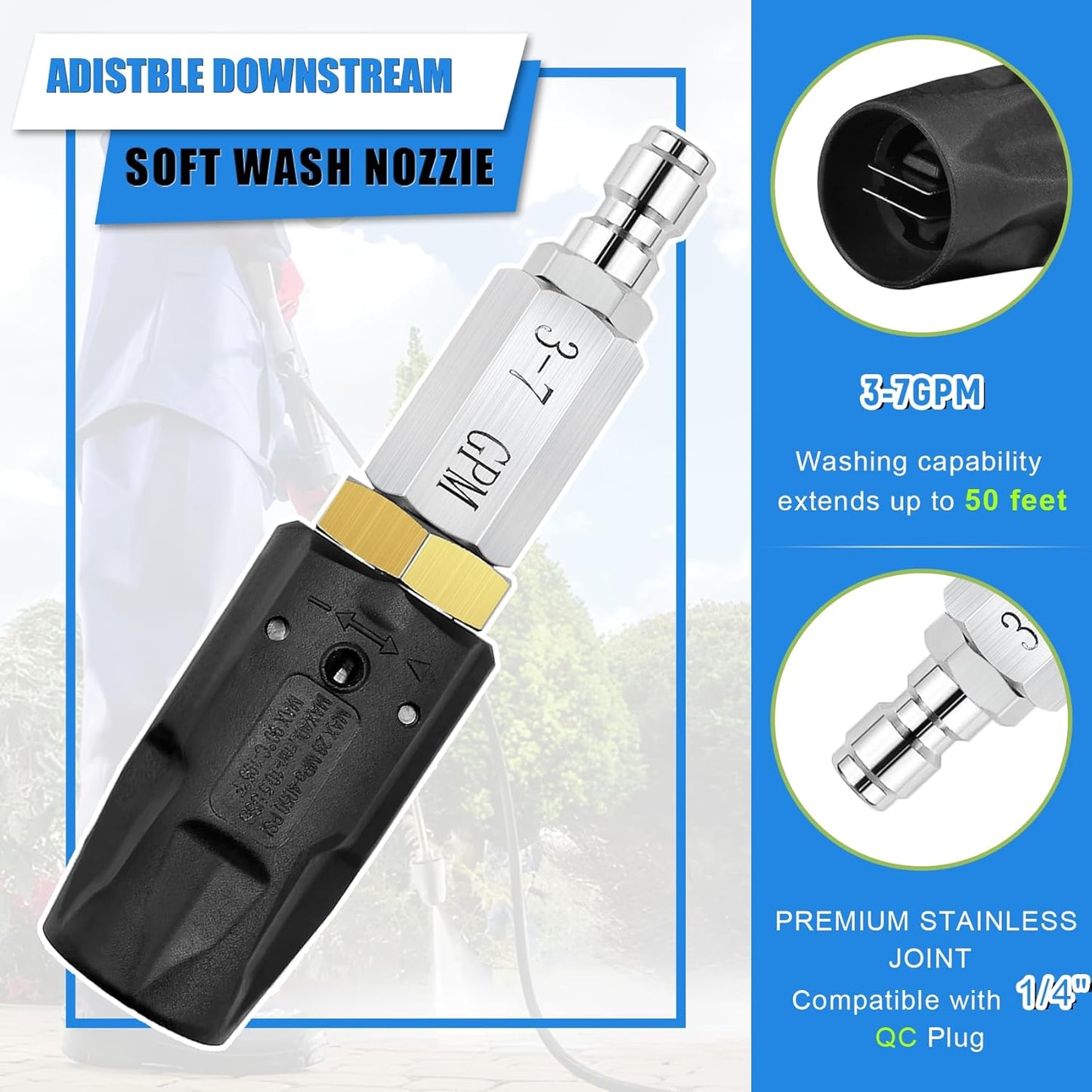 Adjustable Downstream Soft Wash Nozzle, Twist Nozzle 0 to 60° Spray Pattern with Low to High Reach, for Elevated Areas and Hard to Reach, for Use with Pressure Washer 3-7 GPM