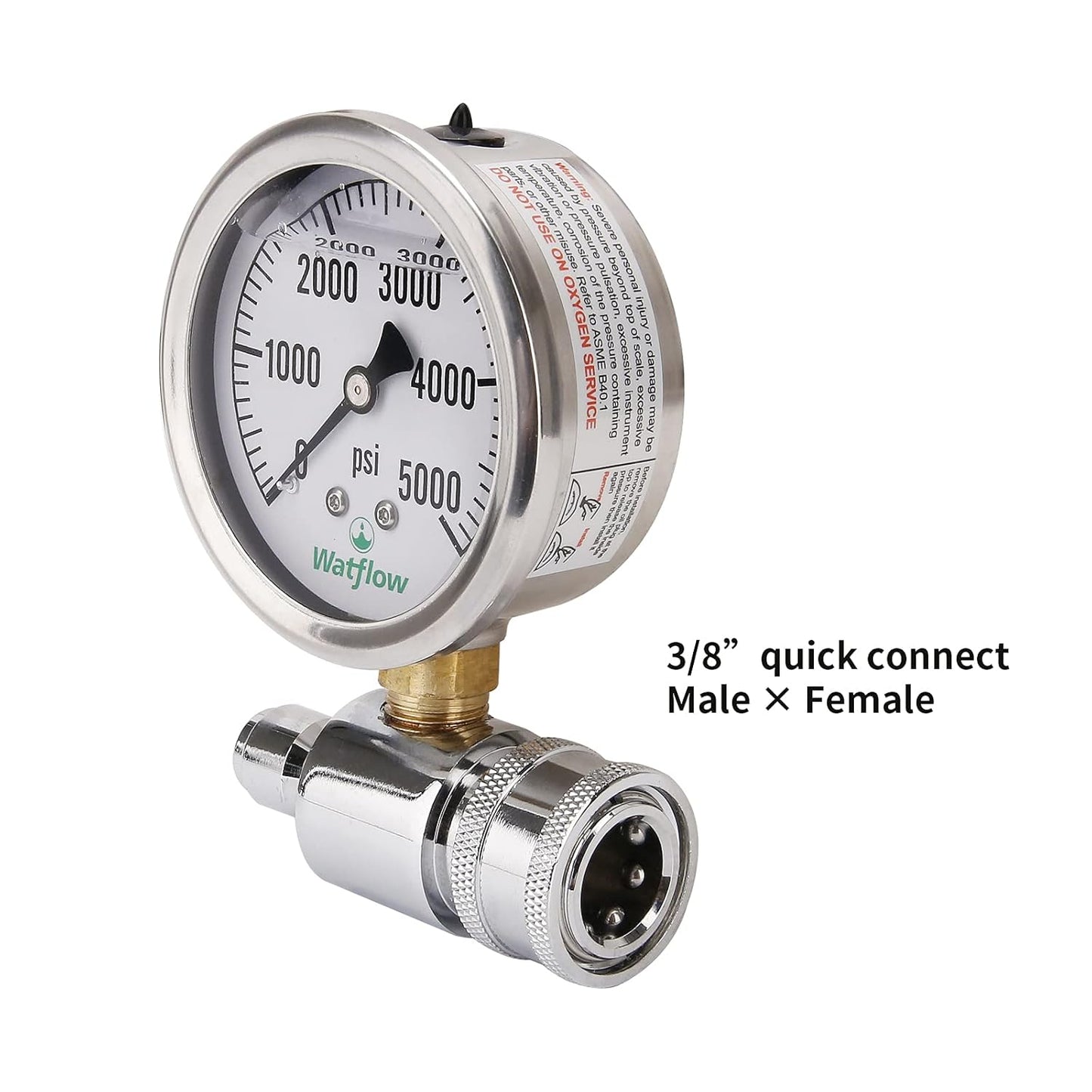 2-1/2" Pressure Washer Pressure Gauge Kit, 3/8 Inch Quick Connect, 0-5000 PSI, Liquid Filled