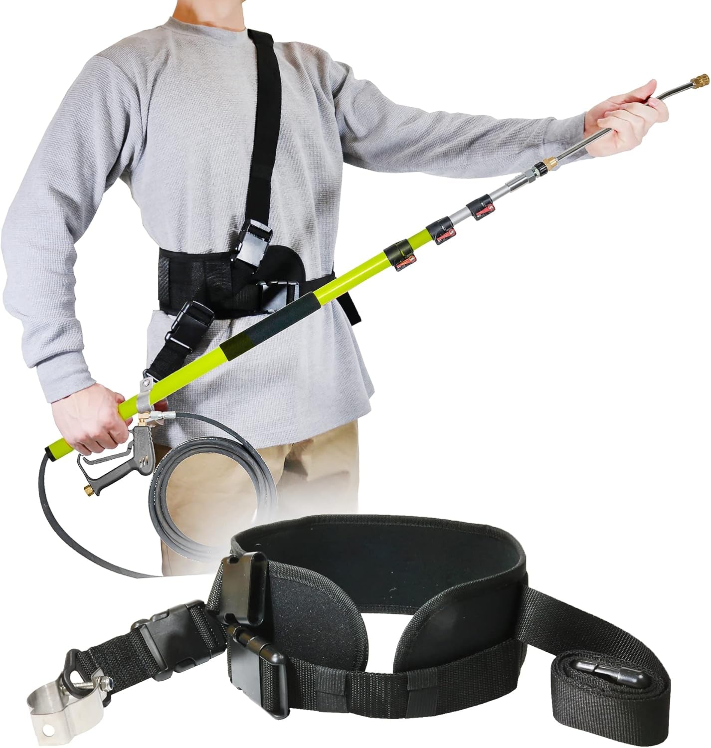 Pressure Washer Wand Belt, Telescoping Washer Support Harness with Sling Strap, Ideal for Pressure Washer Extension Wand 24 Feet, Works with General Pump, BE, MTM (Black)