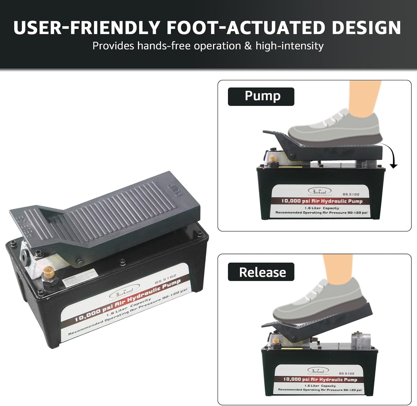 BESTOOL Air Hydraulic Pump - 10,000 PSI Hydraulic Foot Pump Pressure 1/2 Gal Reservoir Air Hydraulic Pump Air Actuated Treadle Foot Pump (Single Acting) Black