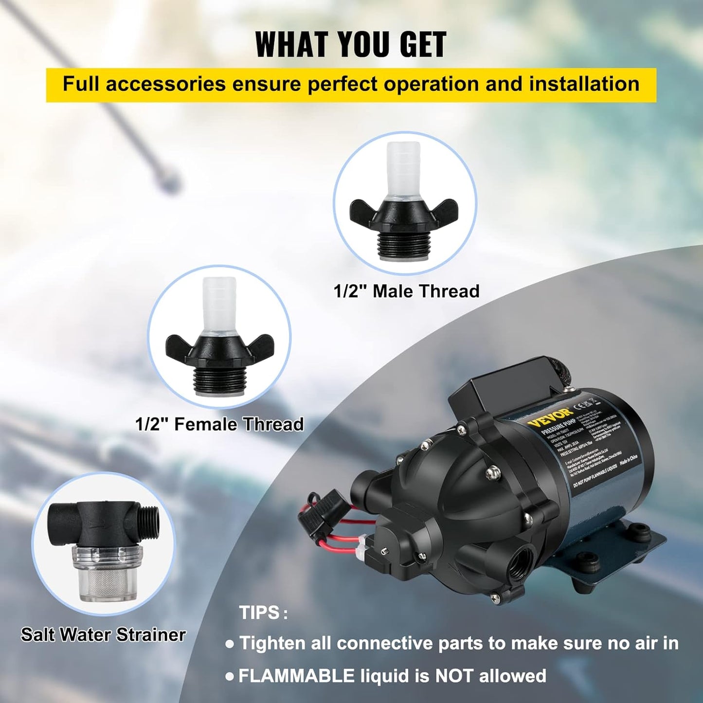 Washdown Pump, 12V DC, 7 GPM 60 PSI, Max. 10 FT Lift Self Priming Water Pump, W/Epdm Valve, Universal Salt Water Strainer & Female/Male Thread, for RV, Marine Deck, Yacht