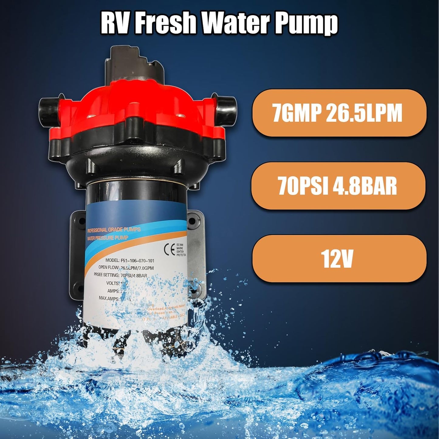 RV Fresh Water Pump 7GPM 70PSI, 12V DC Water Pump, Five Chamber Self-Priming Diaphragm Water Pump with Heavy Duty Pressure Switch and Strainer Replacement for RV, Marine, Yacht, Caravan