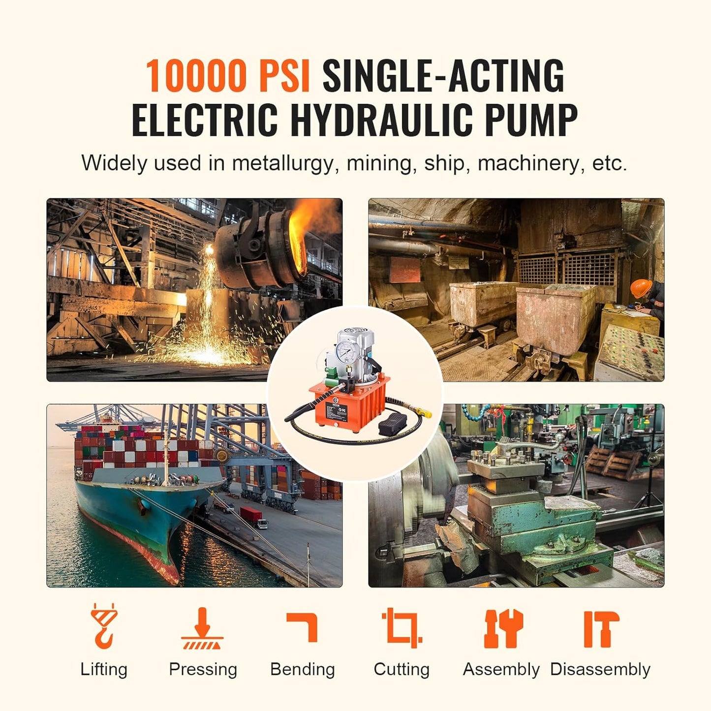 Electric Hydraulic Pump, 10000 PSI 750W 110V 488 In³/8L Capacity, Single Acting Solenoid Valve, Electric Driven Hydraulic Pump Power Pack Unit with Pedal Switch for Punching/Bending/Jack Machine