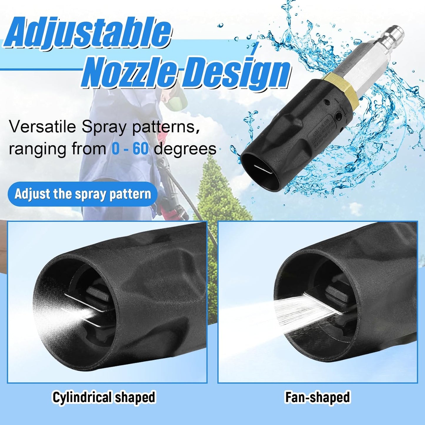 Adjustable Downstream Soft Wash Nozzle, Twist Nozzle 0 to 60° Spray Pattern with Low to High Reach, for Elevated Areas and Hard to Reach, for Use with Pressure Washer 3-7 GPM