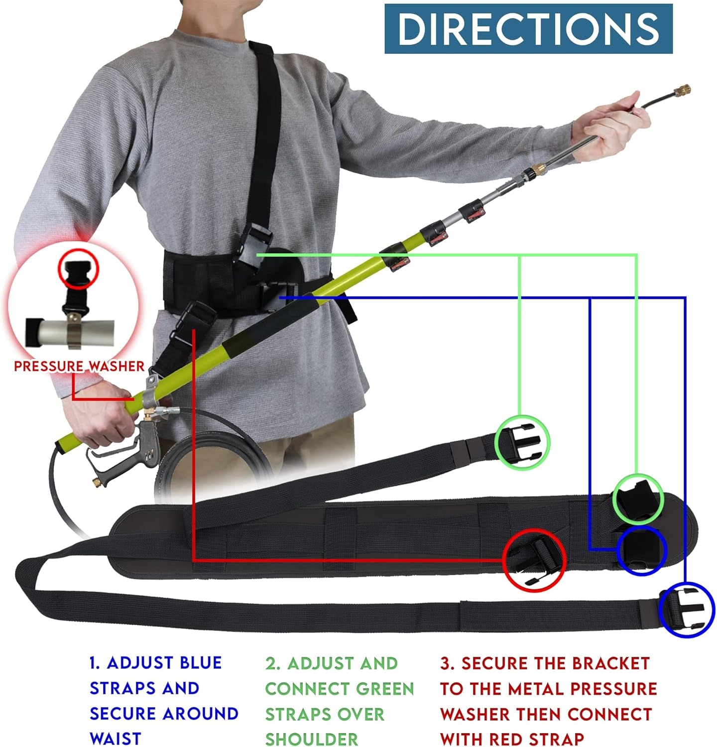 Pressure Washer Wand Belt, Telescoping Washer Support Harness with Sling Strap, Ideal for Pressure Washer Extension Wand 24 Feet, Works with General Pump, BE, MTM (Black)
