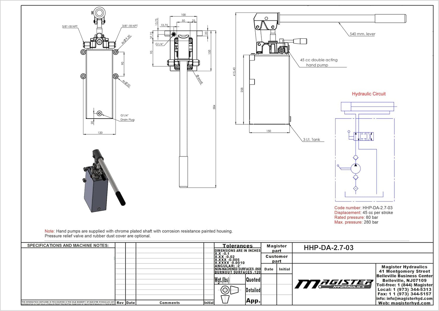 Double Acting Hydraulic Hand Pump with 3 Qts Tank - Manual Hydraulic Pump with Changeover Valve - 2.7 CID, 3600 PSI, 3/8" NPT Ports Piston Hand Pump