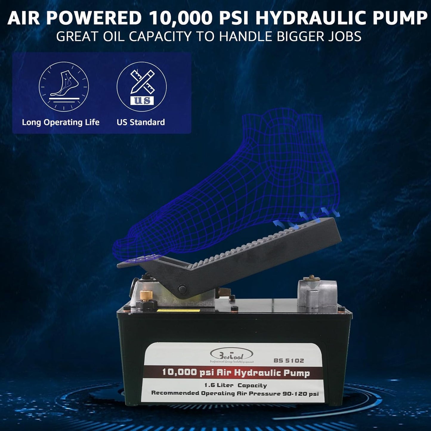 BESTOOL Air Hydraulic Pump - 10,000 PSI Hydraulic Foot Pump Pressure 1/2 Gal Reservoir Air Hydraulic Pump Air Actuated Treadle Foot Pump (Single Acting) Black