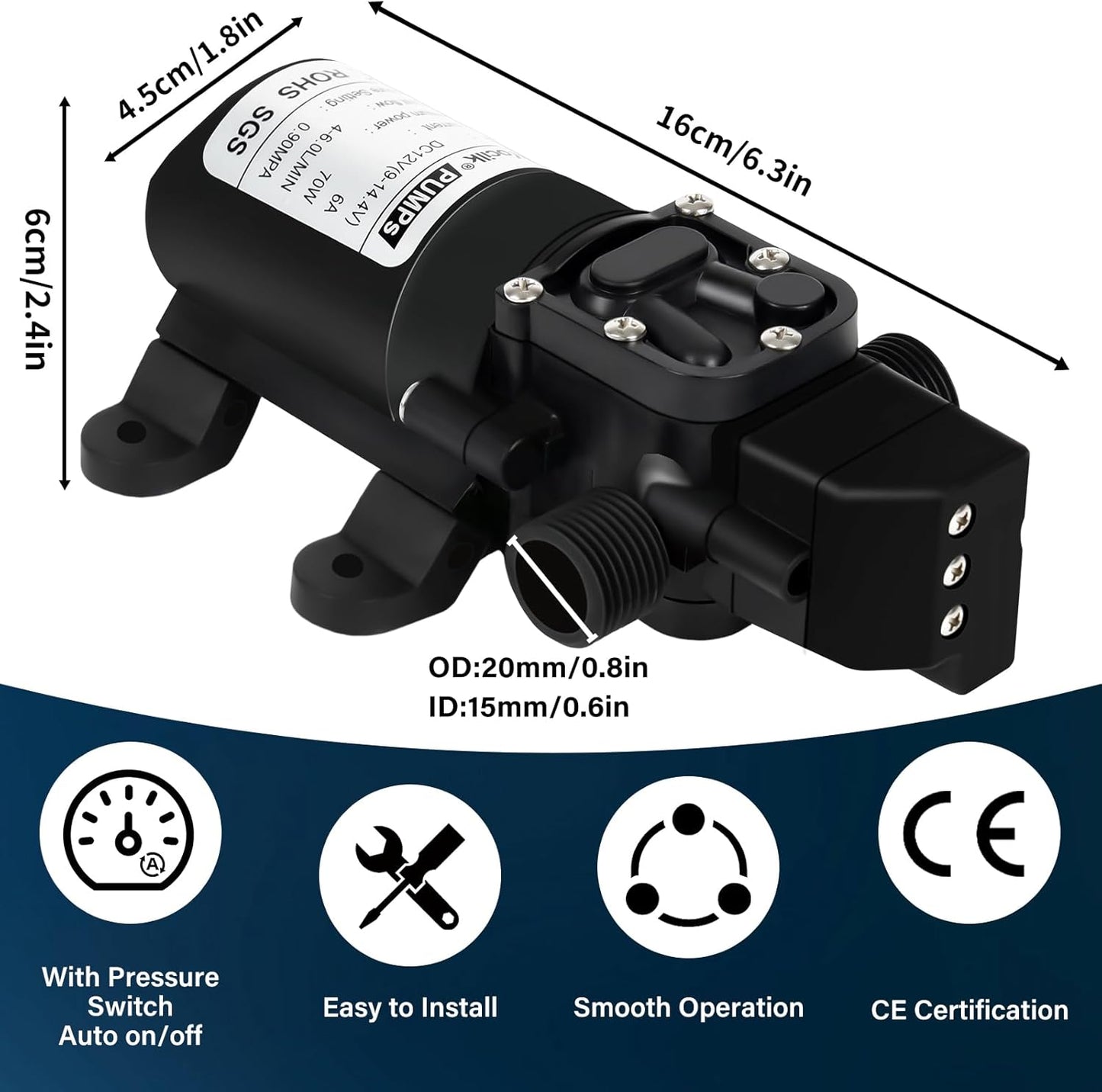 DC 12V Diaphragm Water Pump,1Gpm, (4L/Min) 131Psi,Fresh Water Pump,Self Priming Sprayer Pump with Pressure Switch for RV Camper,Boat,Garden,Lawn,Water Tank