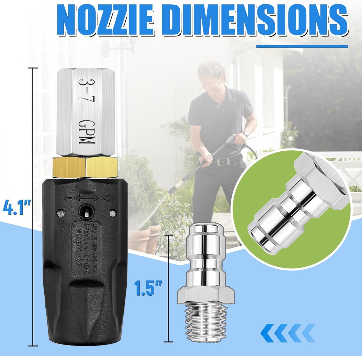 Adjustable Downstream Soft Wash Nozzle, Twist Nozzle 0 to 60° Spray Pattern with Low to High Reach, for Elevated Areas and Hard to Reach, for Use with Pressure Washer 3-7 GPM