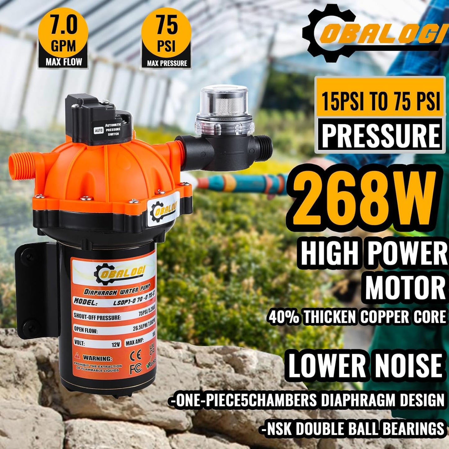 12V DC RV Fresh Water Pump, 7.0GPM 75PSI, Five Chamber Self-Priming Diaphragm Pump, Ideal for Rvs, Yachts, Farmland, and Garden Irrigation, with Heavy-Duty Pressure Switch and Filter