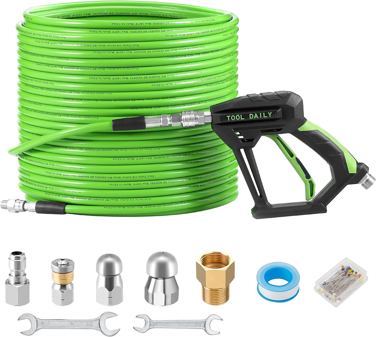 Sewer Jetter Kit for Pressure Washer 150 FT, Short Power Washer Gun, Drain Cleaner Hose 1/4 Inch NPT, Corner, Rotating and Button Nose Sewer Jetting Nozzle, 3600 PSI