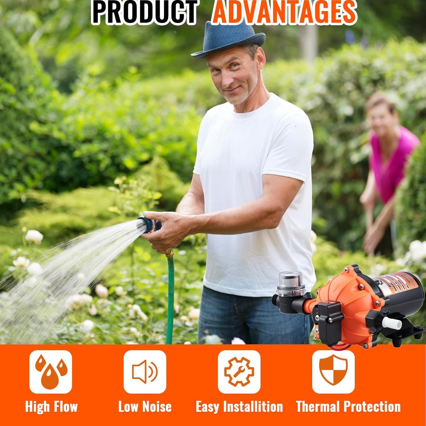 12V DC RV Fresh Water Pump, 7.0GPM 75PSI, Five Chamber Self-Priming Diaphragm Pump, Ideal for Rvs, Yachts, Farmland, and Garden Irrigation, with Heavy-Duty Pressure Switch and Filter
