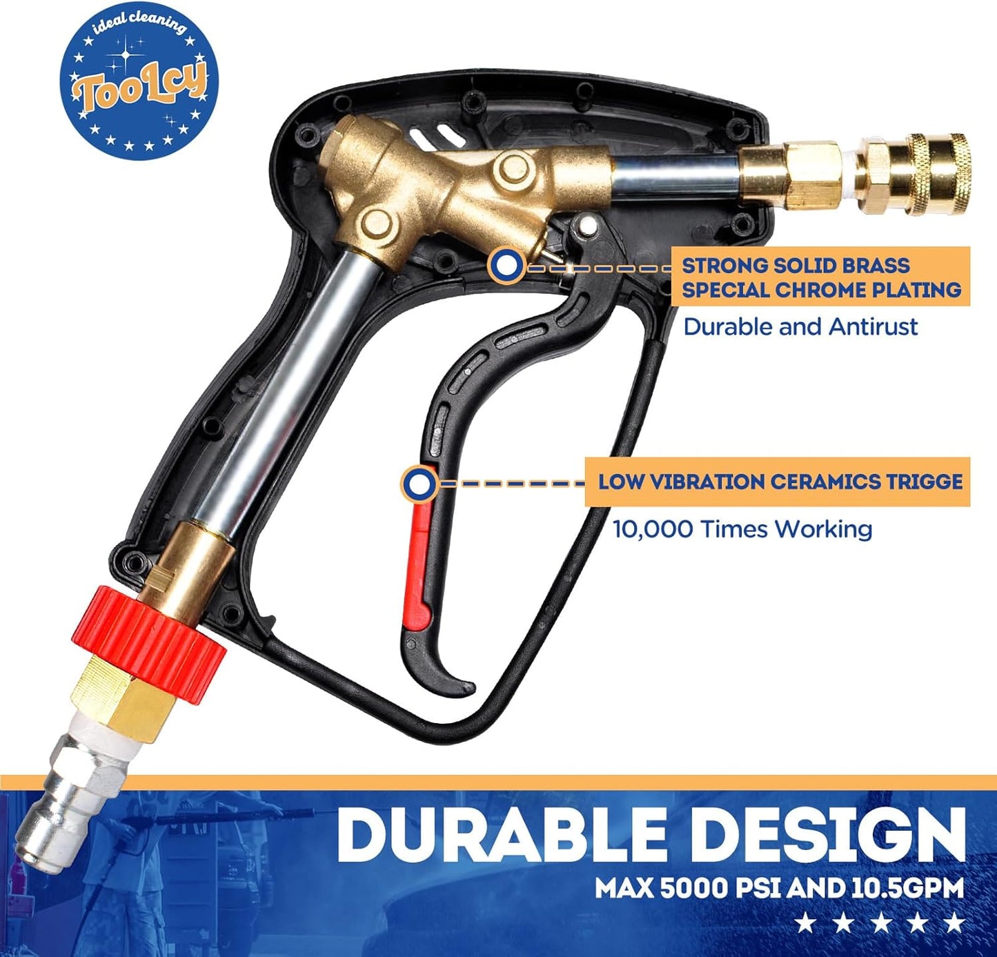 Pressure Washer Short Gun, Commercial 5000 PSI / 10.5 GPM with Nozzle Tips, 3/8" Swivel USA-NPT Thread X Quick Socket, Sturdy Design for Gas Power Washer