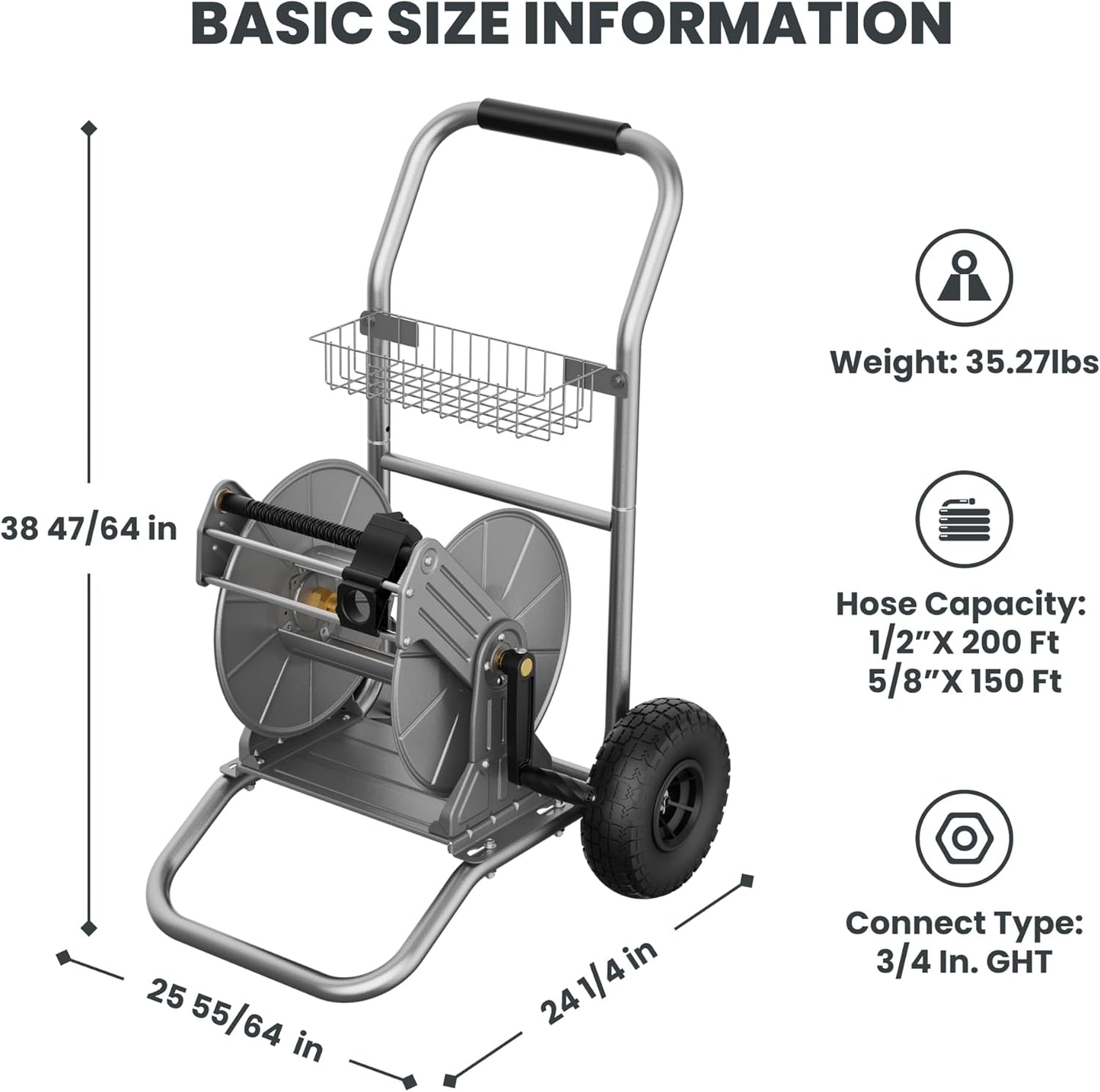 Garden Hose Reel Cart with Wheels, Heavy Duty Metal Water Hose Reel Cart, 200 Ft of 1/2 Capacity, Mobile Hose Reel Cart for Outside