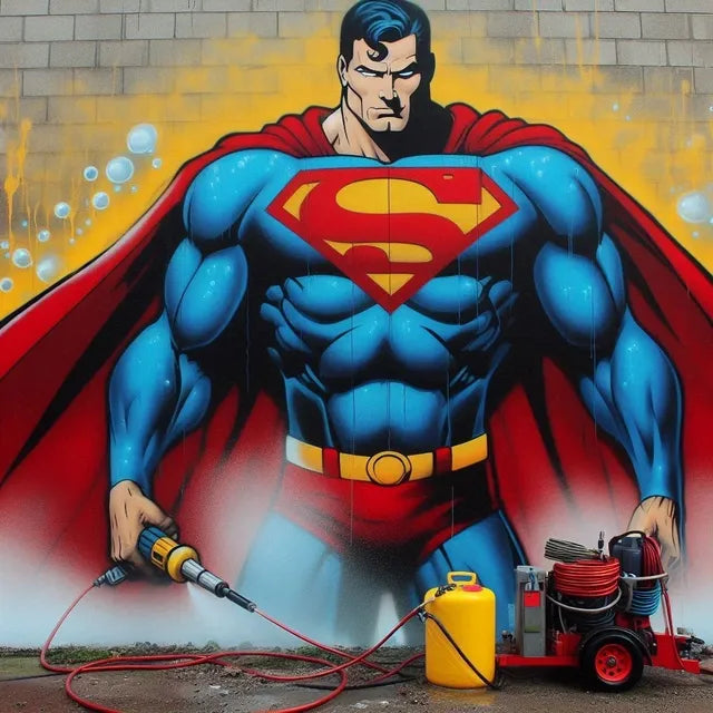 Professional graffiti removal service cleaning Superman graffiti using high-pressure washing equipment.