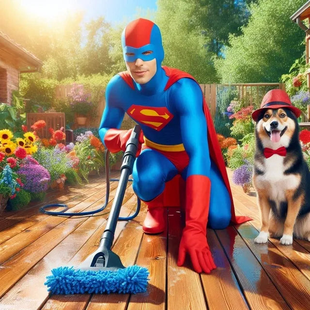Man in superhero costume cleaning a deck with pressure washer next to a dog wearing a hat and bowtie, surrounded by colorful flowers and greenery, depicting deck cleaning.