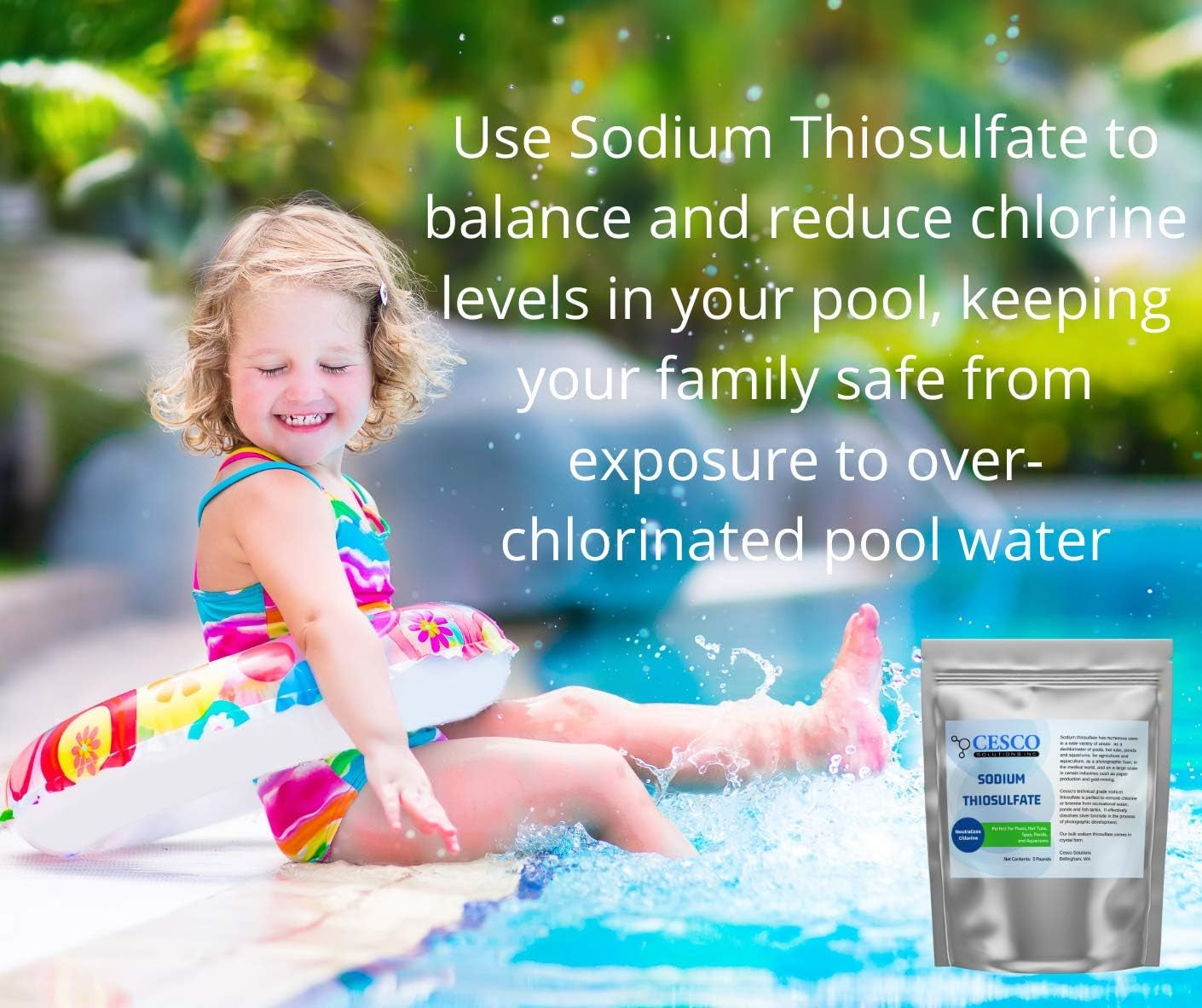 Sodium Thiosulfate Pentahydrate 5 Lbs by Cesco Solutions - for Pools, Aquarium, Pond, Hot Tubs