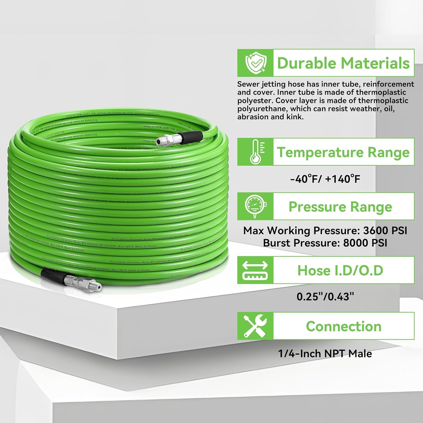 Sewer Jetter Kit for Pressure Washer 150 FT, Short Power Washer Gun, Drain Cleaner Hose 1/4 Inch NPT, Corner, Rotating and Button Nose Sewer Jetting Nozzle, 3600 PSI