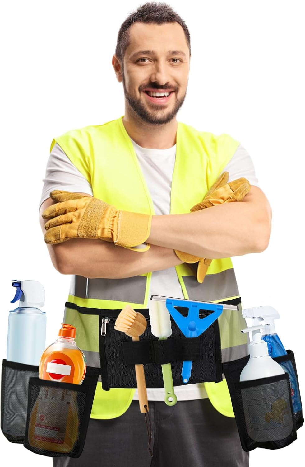 Tool Belt, Cleaning Apron for Cleaning Supplies, Tool Apron for Women and Men Housekeeping, Window Cleaning, 4 Bottle Carrier Bags, Black