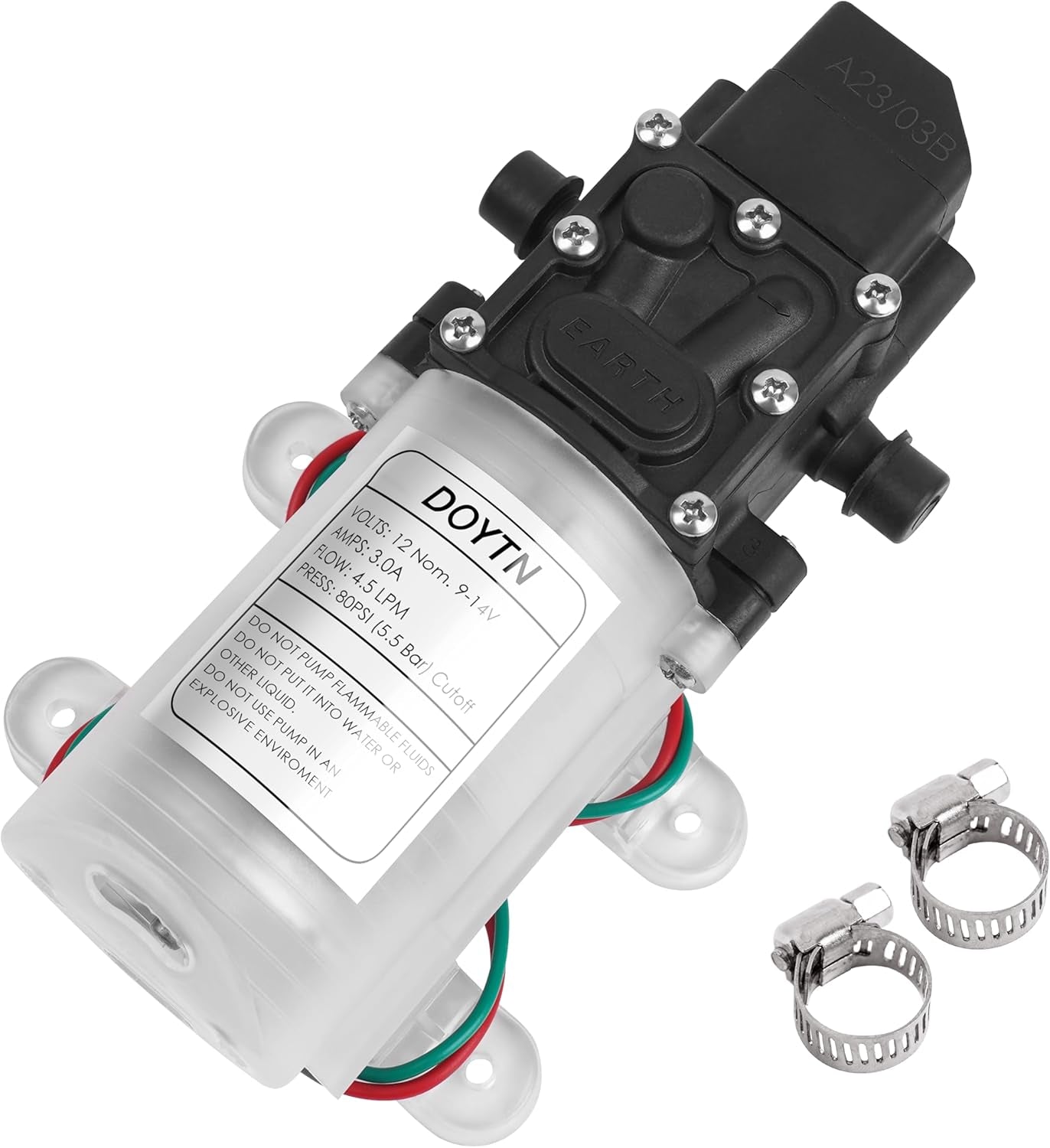 12V Diaphragm Water Pump with Pressure Switch – 1.2 GPM 80 PSI Self-Priming Sprayer with Hose Clamps – for RV, Camper, Marine, Boat – Transparent (1 Pack)