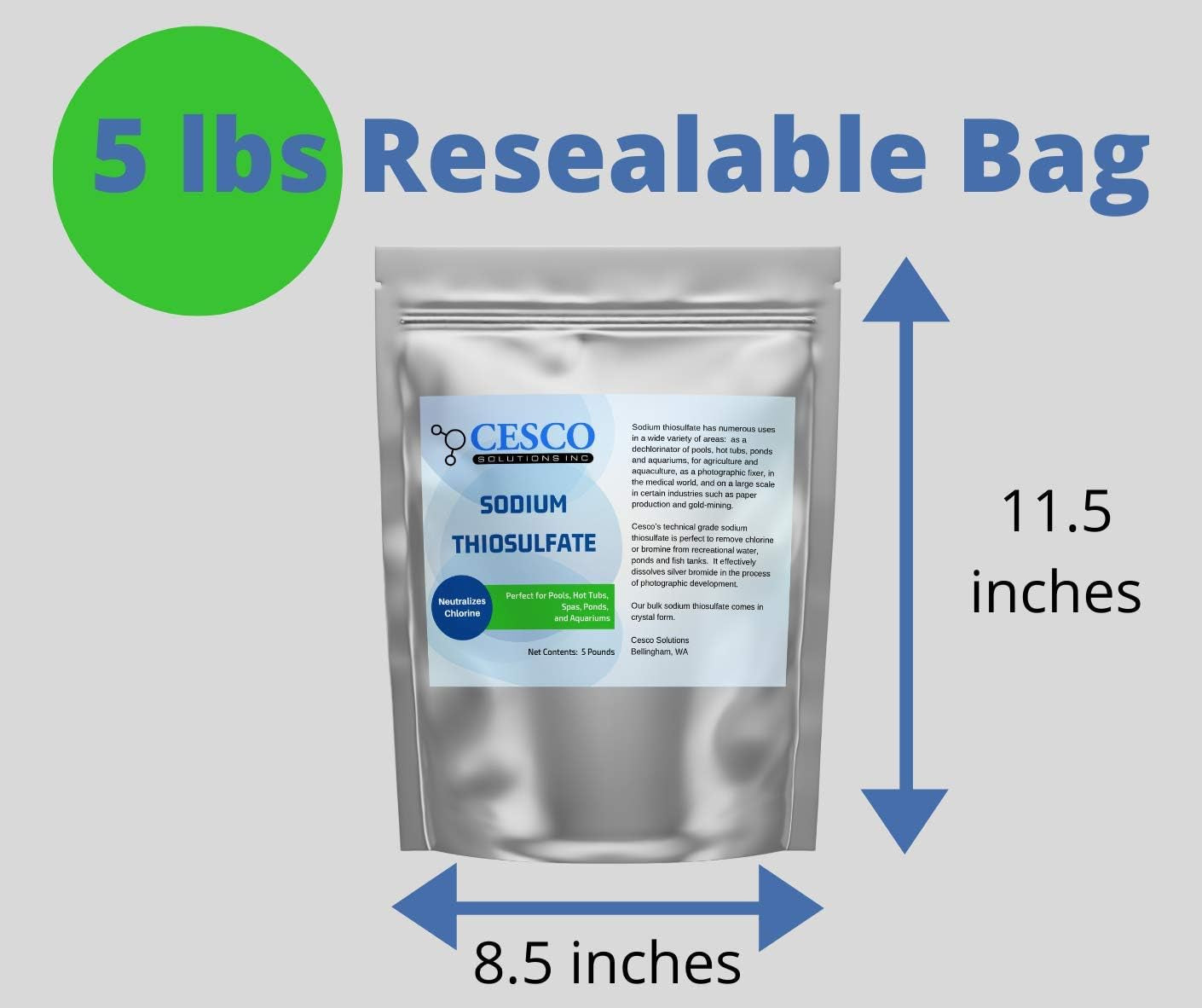 Sodium Thiosulfate Pentahydrate 5 Lbs by Cesco Solutions - for Pools, Aquarium, Pond, Hot Tubs