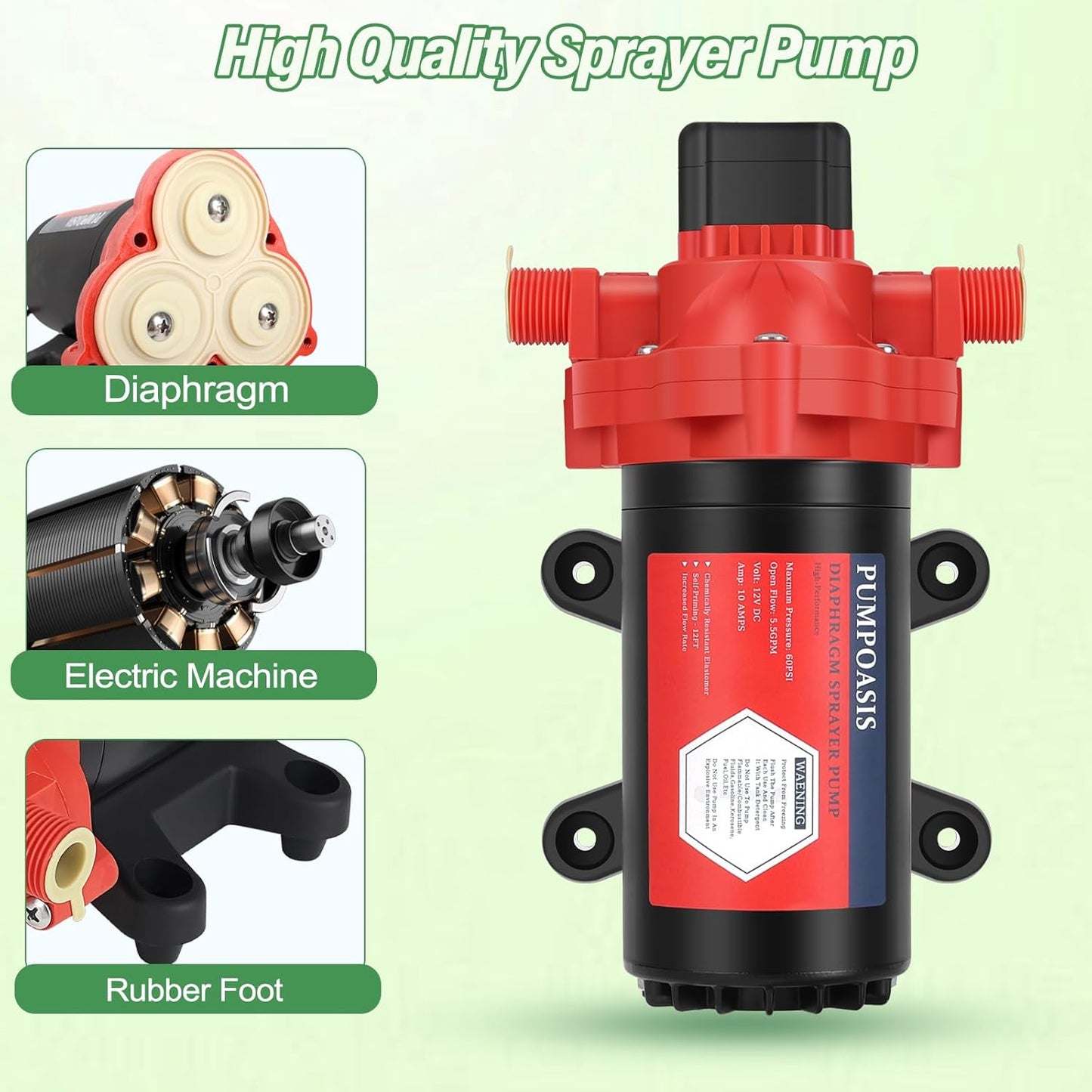 12V Pump, 5.5Gpm-10Amp-60Psi, Chemical and Corrosion Resistant, Compatible with Roundup, Diaphragm Pump with Pressure Switch and Self-Priming for Agricultural Spraying, Rv, Boats, Etc