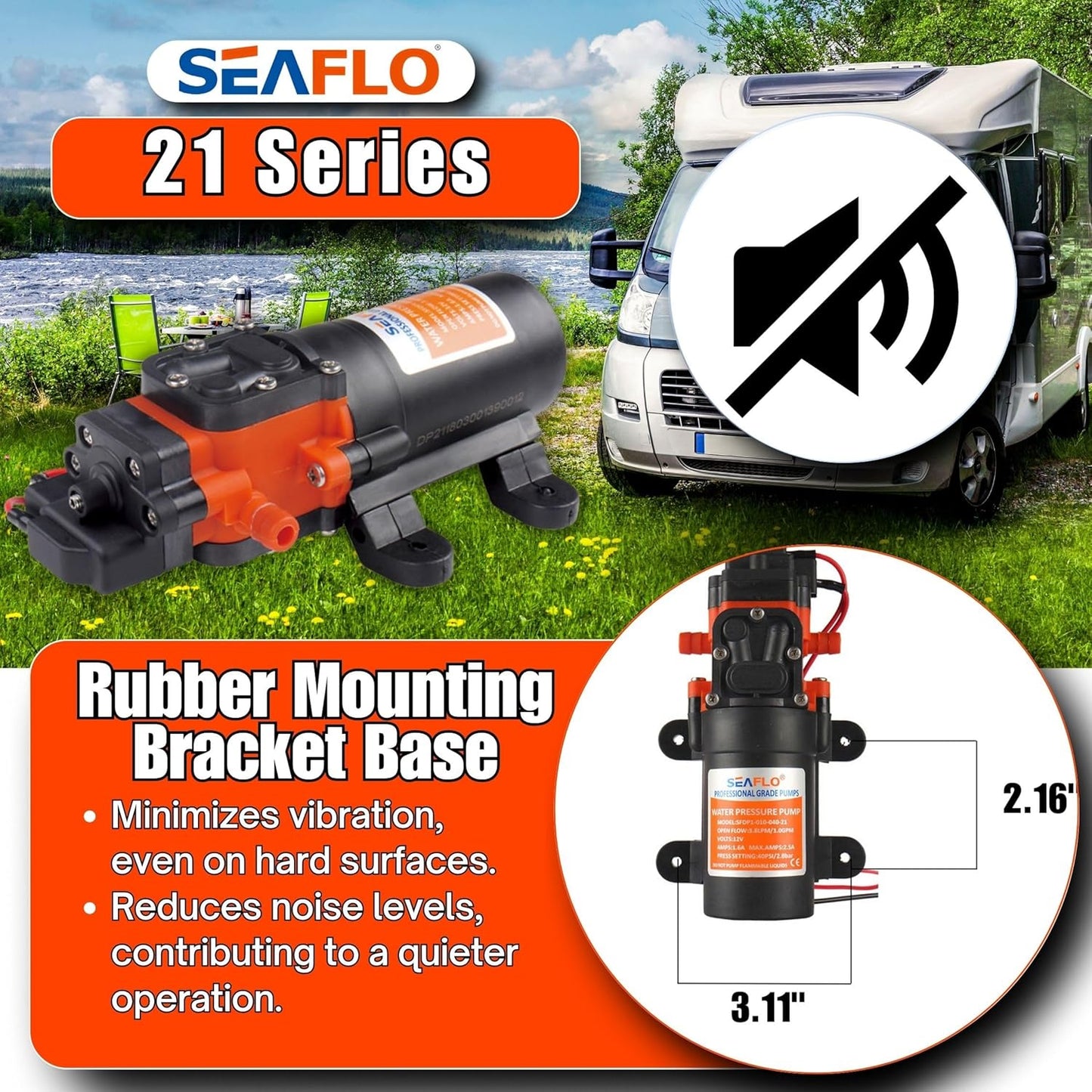 21-Series Water Pressure Diaphragm Pump - 12V DC, 1.2 GPM, 35 PSI with Adjustable Pressure Switch, Self-Priming, Quiet Operation for RV, Boat, and Off-Grid Applications