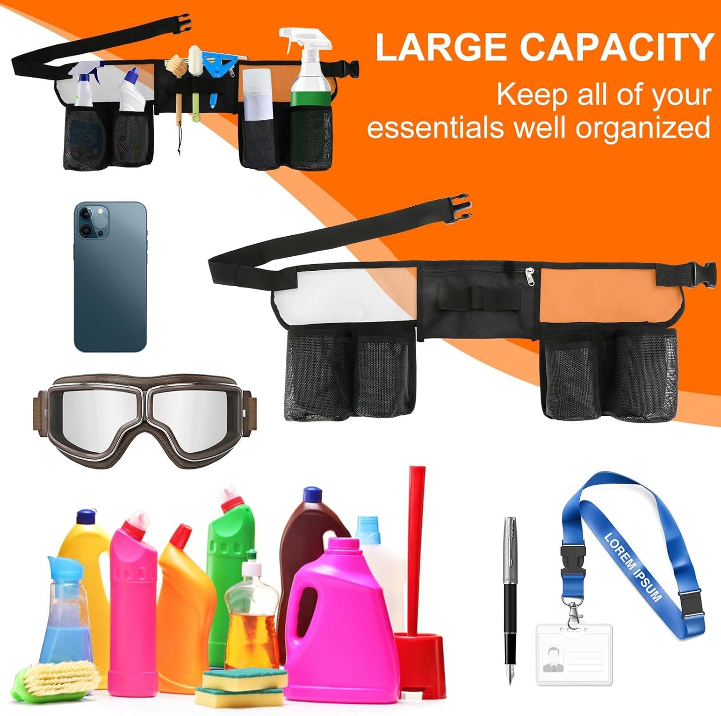 Tool Belt, Cleaning Apron for Cleaning Supplies, Tool Apron for Women and Men Housekeeping, Window Cleaning, 4 Bottle Carrier Bags, Black