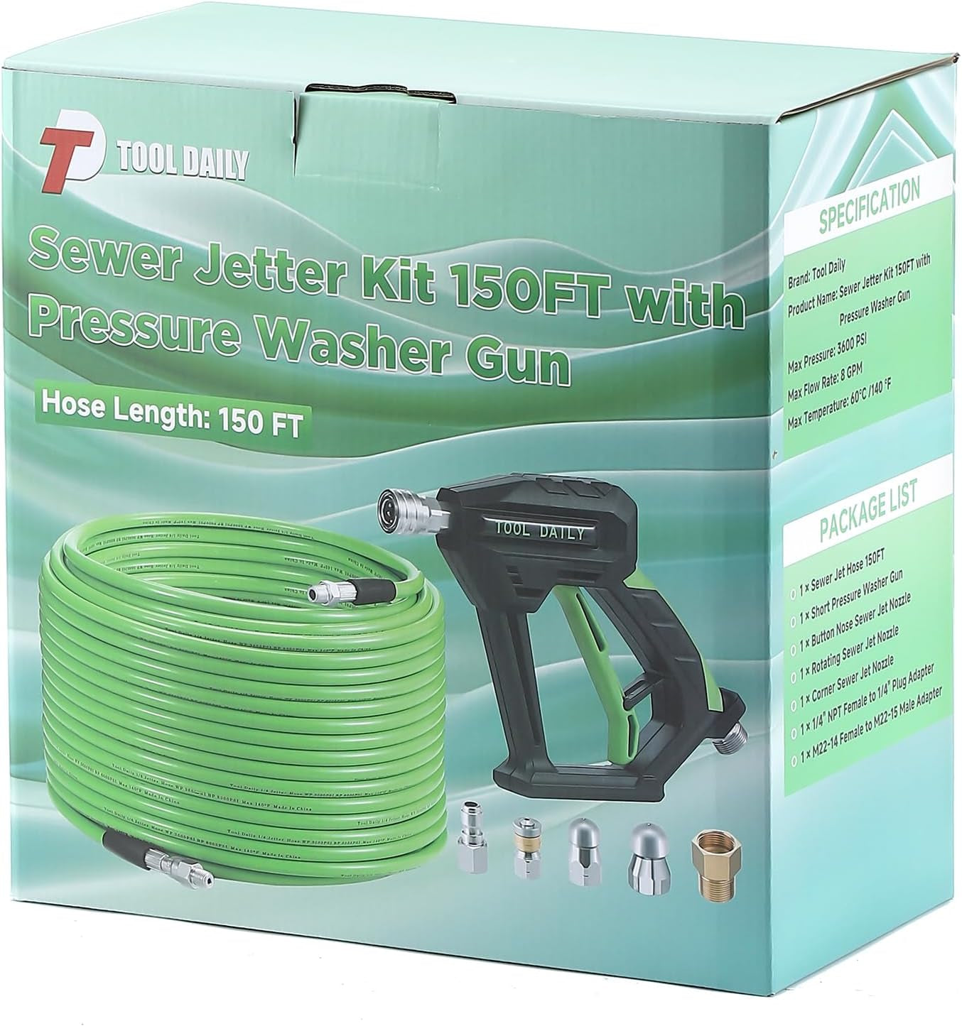 Sewer Jetter Kit for Pressure Washer 150 FT, Short Power Washer Gun, Drain Cleaner Hose 1/4 Inch NPT, Corner, Rotating and Button Nose Sewer Jetting Nozzle, 3600 PSI