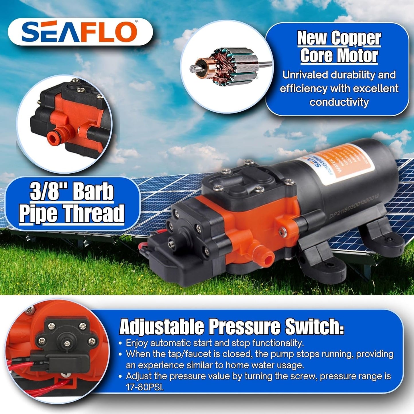 21-Series Water Pressure Diaphragm Pump - 12V DC, 1.2 GPM, 35 PSI with Adjustable Pressure Switch, Self-Priming, Quiet Operation for RV, Boat, and Off-Grid Applications