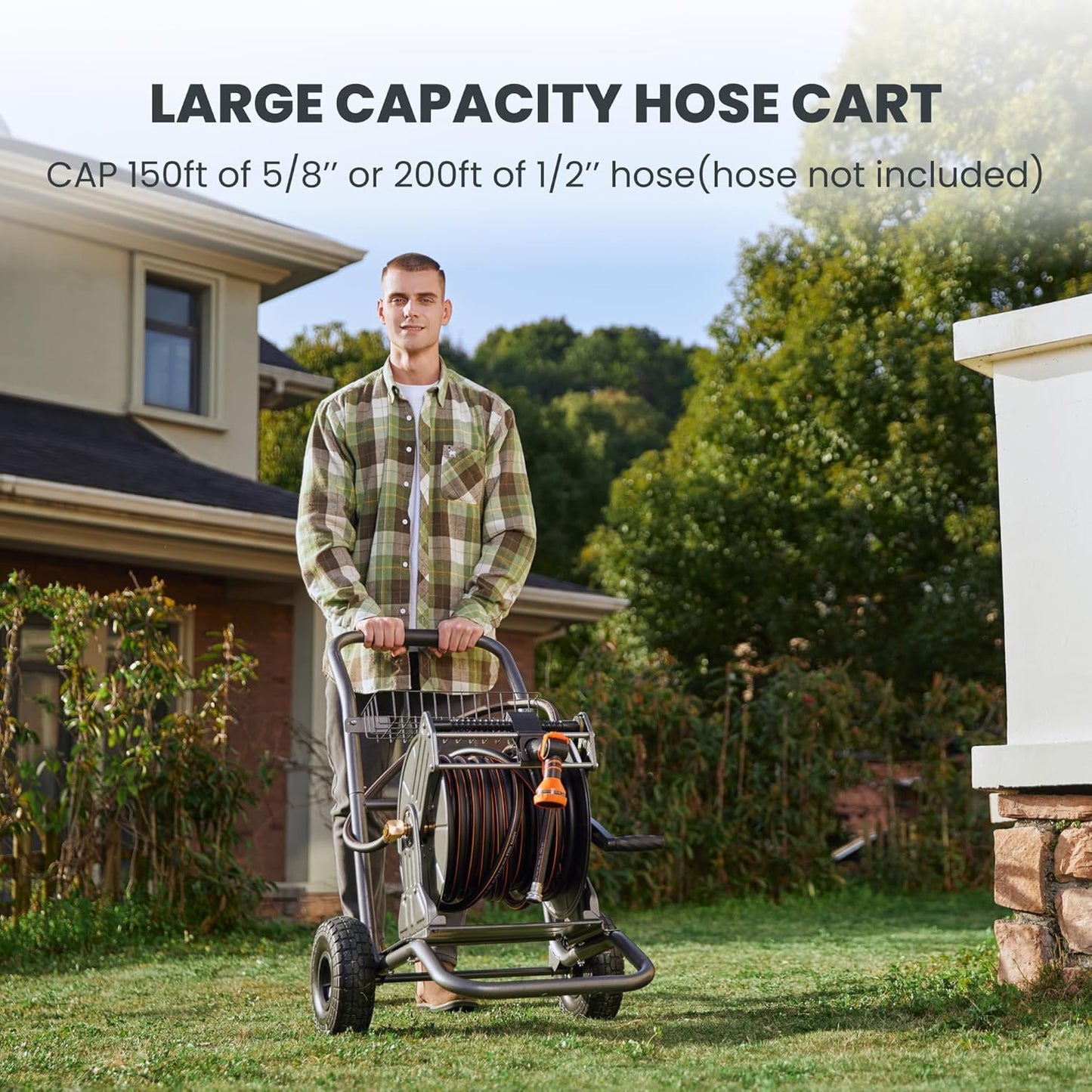 Garden Hose Reel Cart with Wheels, Heavy Duty Metal Water Hose Reel Cart, 200 Ft of 1/2 Capacity, Mobile Hose Reel Cart for Outside
