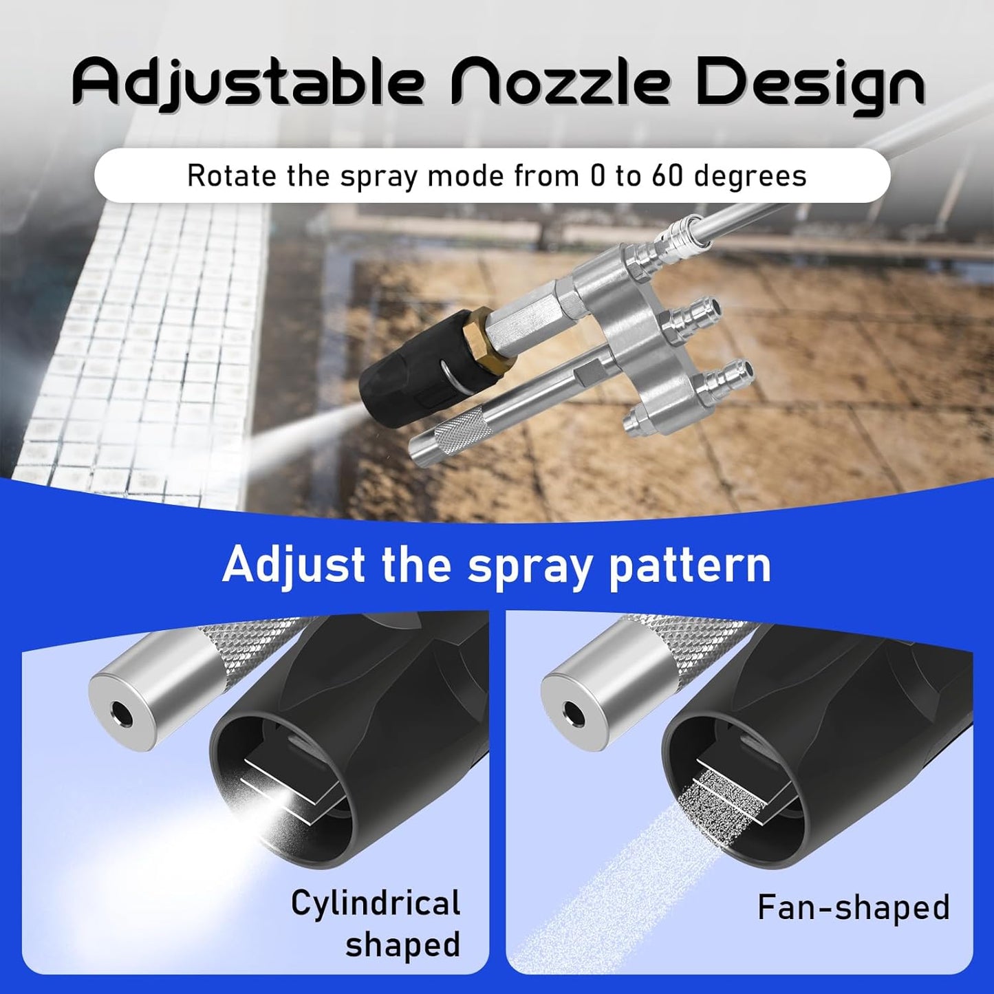 M5 Twist Nozzle,3-7 GPM Three-In-One Adjustable Downstream Soft Wash Nozzle,1/4" Quick Connect, High Reach Spray Nozzle,0 to 60° Spray Pattern,Adjustable Shooter Tips