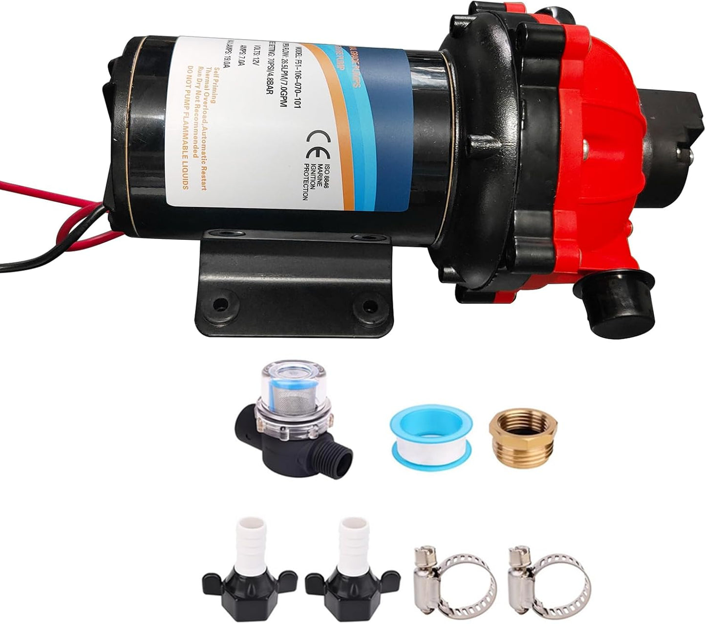 RV Fresh Water Pump 7GPM 70PSI, 12V DC Water Pump, Five Chamber Self-Priming Diaphragm Water Pump with Heavy Duty Pressure Switch and Strainer Replacement for RV, Marine, Yacht, Caravan