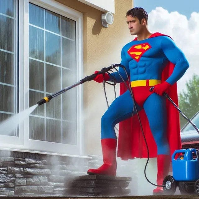 Superhero pressure washing the exterior of a house, showcasing a professional cleaning service.