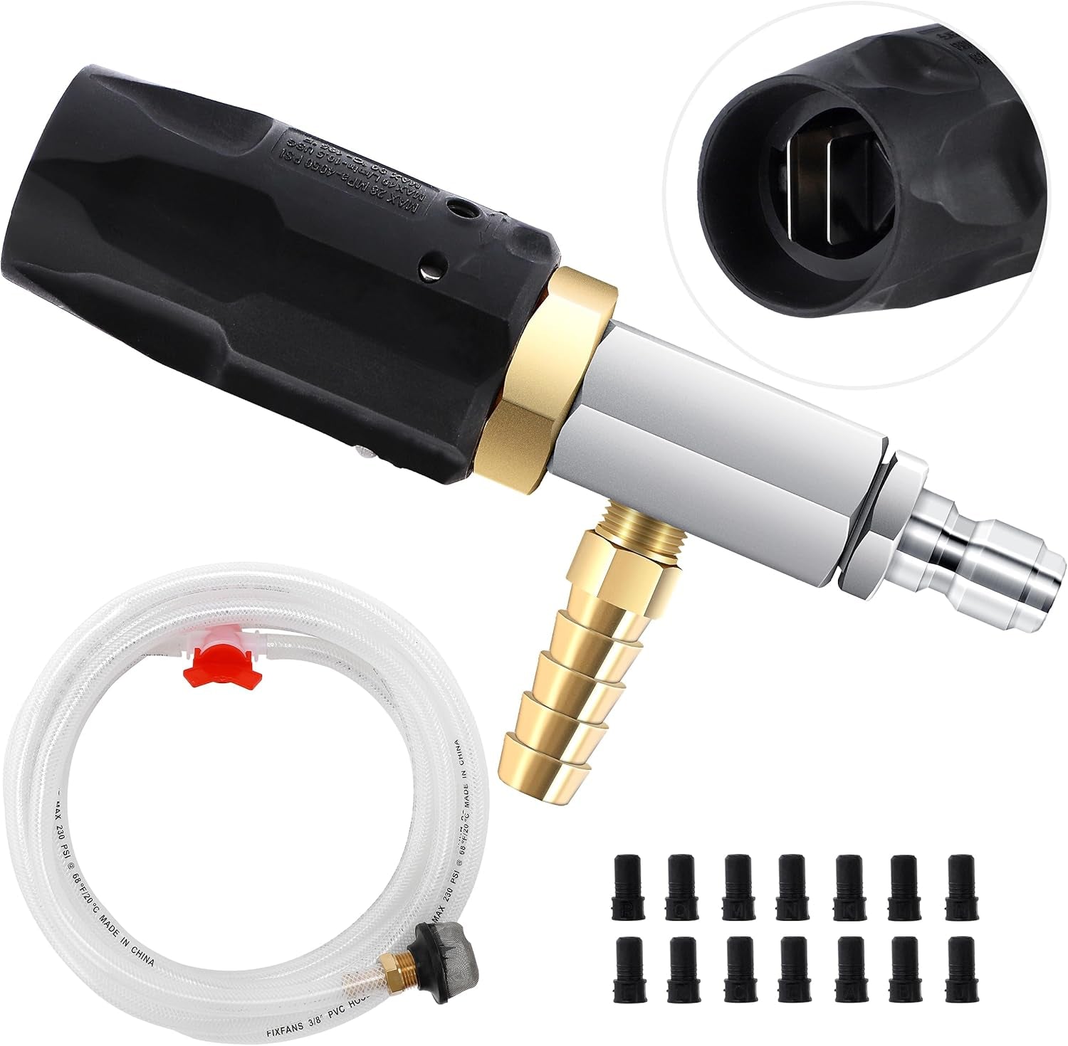 Adjustable Long Range Downstream Injection Nozzle Kit 4-4.5 GPM, Pressure Washer Spray Nozzle, High Power Washing External Chemical Injector with 1/4” Quick Connect, 2500 to 4000 PSI