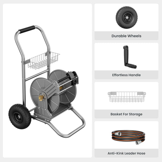 Garden Hose Reel Cart with Wheels, Heavy Duty Metal Water Hose Reel Cart, 200 Ft of 1/2 Capacity, Mobile Hose Reel Cart for Outside
