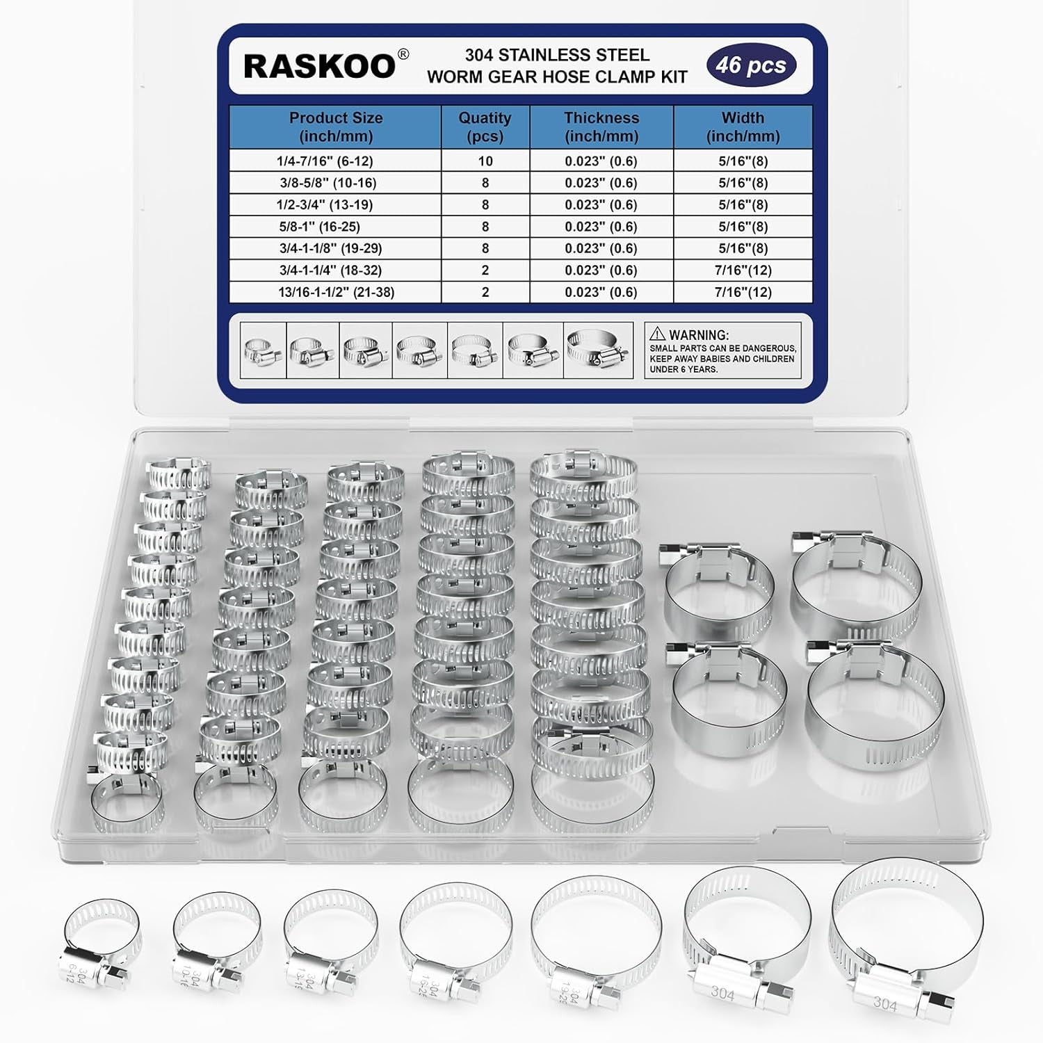 46PCS Premium Stainless Steel Hose Clamps Kit, 7 Size (1/4"-1-1/2") Adjustable Hose Clamp Assortment, Long-Lasting Worm Gear Clamps for Fuel Line, Plumbing, Automotive, Mechanical Applications
