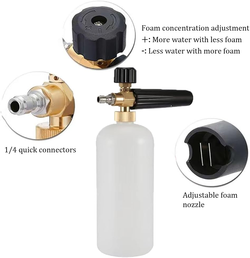 Foam Cannon, 1L Adjustable Snow Foam Lance with 1/4 Inch Quick Connector Power Washer Foam Cannon for Pressure Washer