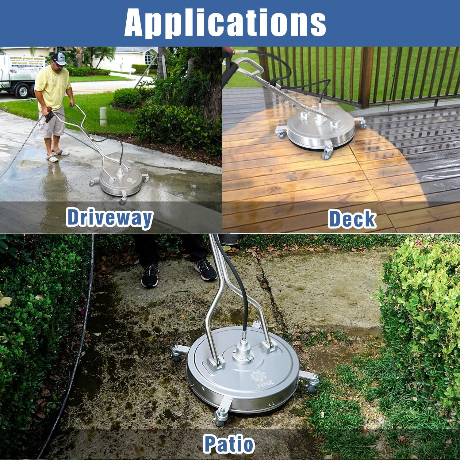 20" Pressure Washer Surface Cleaner with 4 Wheels,Dual Handle,Stainless Steel Housing, 4 Replacement Nozzles and 2 Hose Adapters,Ideal for Driveways, Sidewalks,Patios,Decks Cleaning