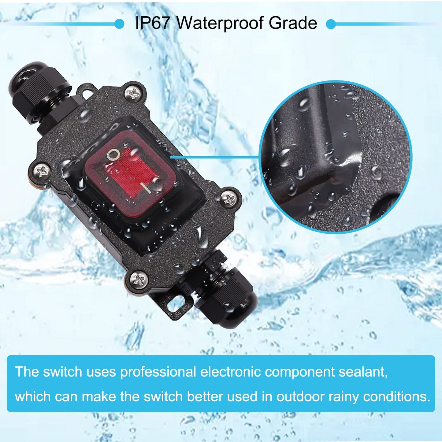 IP67 Waterproof Inline Cord Switch 12V DC 20A DPST 4Pin 2 Position on off Outdoor Toggle Switch with Red Light Rocker Button,Two-Side Entry & Exit Line