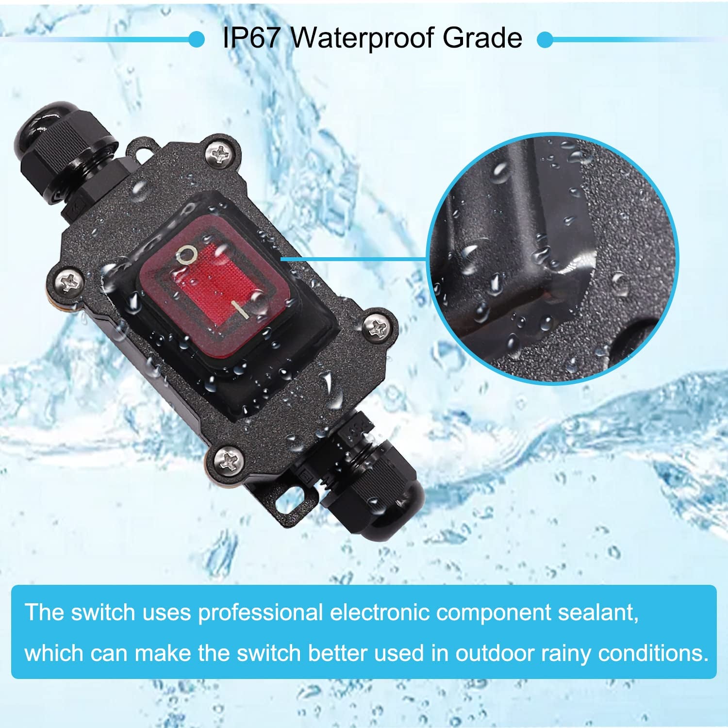 IP67 Waterproof Inline Cord Switch 12V DC 20A DPST 4Pin 2 Position on off Outdoor Toggle Switch with Red Light Rocker Button,Two-Side Entry & Exit Line