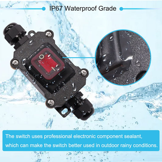 IP67 Waterproof Inline Cord Switch 12V DC 20A DPST 4Pin 2 Position on off Outdoor Toggle Switch with Red Light Rocker Button,Two-Side Entry & Exit Line