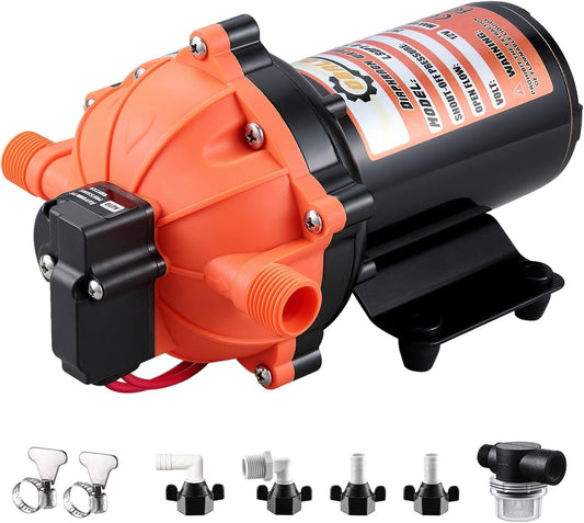12V DC RV Fresh Water Pump, 7.0GPM 75PSI, with accessories for RV, yacht, and garden use.