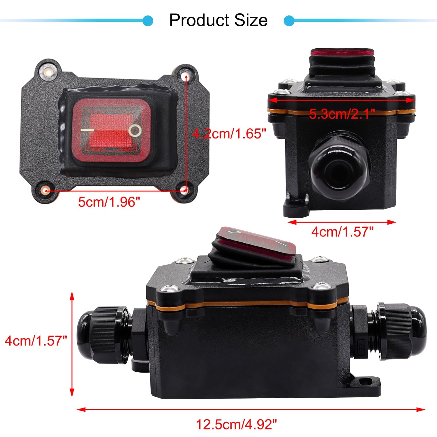 IP67 Waterproof Inline Cord Switch 12V DC 20A DPST 4Pin 2 Position on off Outdoor Toggle Switch with Red Light Rocker Button,Two-Side Entry & Exit Line