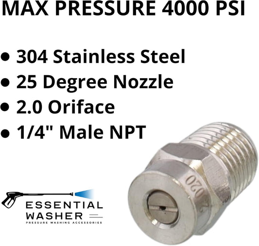 Surface Cleaner Tips | Stainless Steel 25 Degree 2.0 Orifice ¼” Male NPT for Surface Cleaner, Pressure Washer Broom & Undercarriage Washer | 4000 PSI | 4 Pack